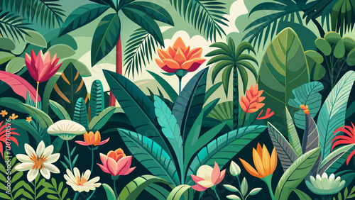 Vector art of vibrant tropical garden with exotic flowers and lush green foliage