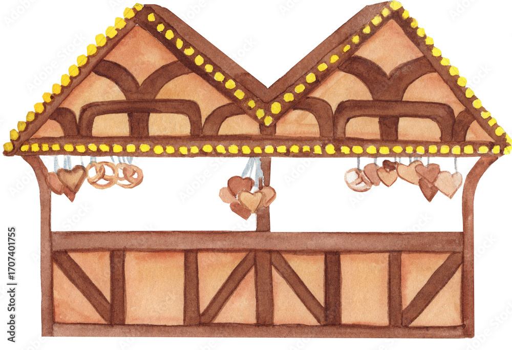 Φωτογραφία Watercolor illustration of a wooden Christmas market stall selling traditional gingerbread cookies