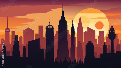 Vector art of city skyline silhouette at sunset with warm colors and a large sun