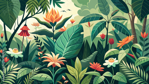 Vector art of lush tropical garden with vibrant flowers and foliage in a flat design illustration