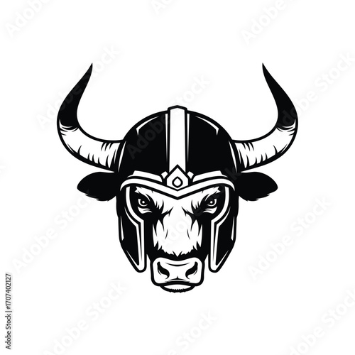Vector illustration of a fierce bull head wearing an ancient warrior helmet. A powerful emblem representing strength, aggression, and courage for a sports team mascot