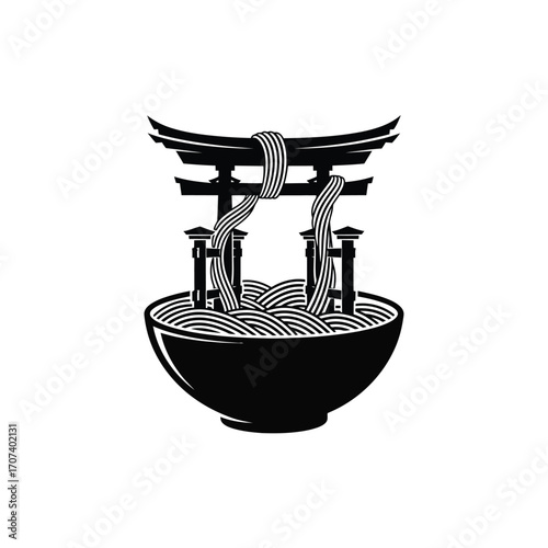 Creative concept logo of Japanese culture featuring a sacred Torii gate with noodles flowing like a waterfall into a bowl