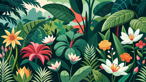 Vector art of vibrant tropical garden with exotic flowers and lush foliage in flat design style