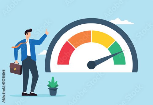 Flat illustration of happy businessman assesses employee performance on high-performance gauge reviewing staff achievements