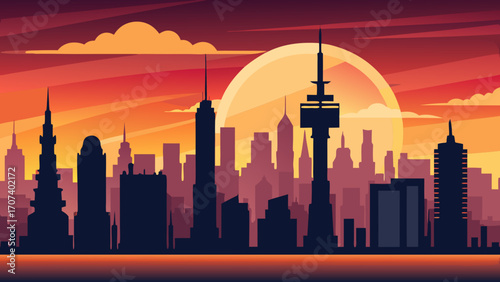 Vector art of silhouette of a city skyline at sunset with warm colors in the sky