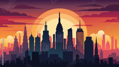 Vector art of city skyline silhouette against a colorful sunset, vector illustration