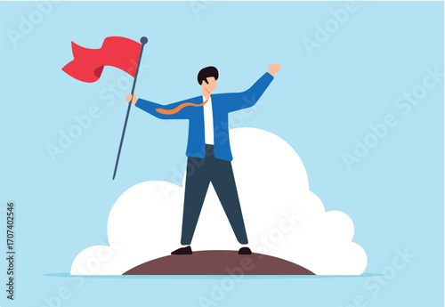 Flat illustration of successful businessman raising winning red flag mission accomplishment and business triumph success achievement leadership victory in competition challenge