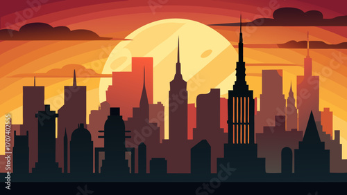 Vector art of cityscape silhouette at sunset with warm colors, vector illustration