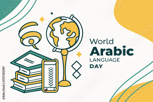 World Arabic Language Day celebration. Elegant calligraphy, books, and a globe on a decorative background. Flat vector illustration.