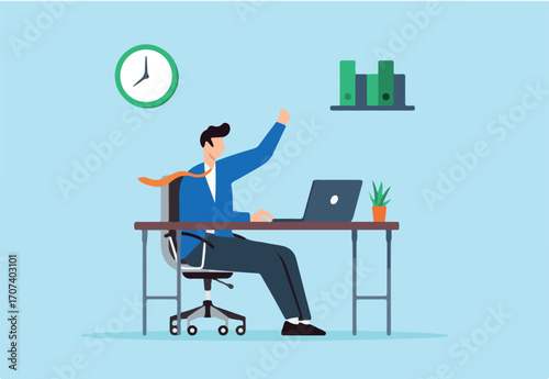 Flat illustration of happy businessman works at office desk enjoying positive atmosphere and career satisfaction