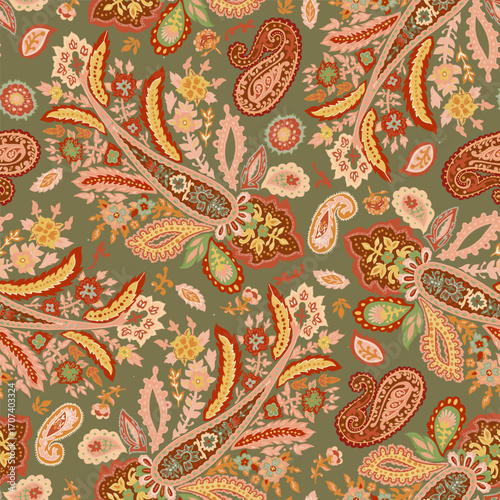 Ornamental Paisley Green Seamless Pattern