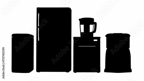 Silhouette depiction of a refrigerator a blender on a stand and two water coolers on a white background