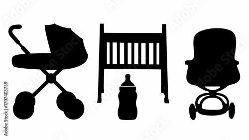 Illustration of baby stroller, crib, baby bottle, and car seat in black silhouette on white background