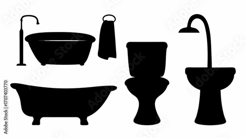 Silhouette illustration of bathroom fixtures including bathtubs toilets and a towel on a white background