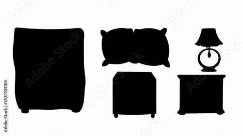 Silhouette illustration of bedroom furniture including a wardrobe pillows bedside tables and a lamp