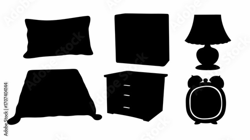 Silhouette illustration of a pillow a stool a bedside table a lamp a book and an alarm clock on white