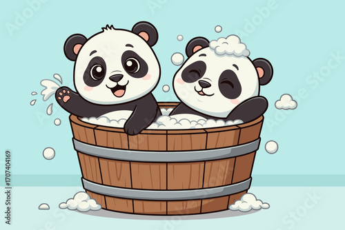 Two Adorable Cartoon Pandas Enjoying a Refreshing Bubble Bath in a Wooden Barrel, Waving and Splashing Playfully