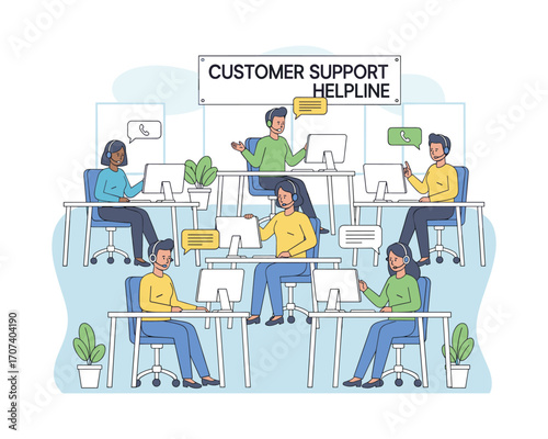 Customer Support Team at Work: Depicting a vibrant customer support helpline in action, with individuals assisting customers, each engrossed in their tasks.