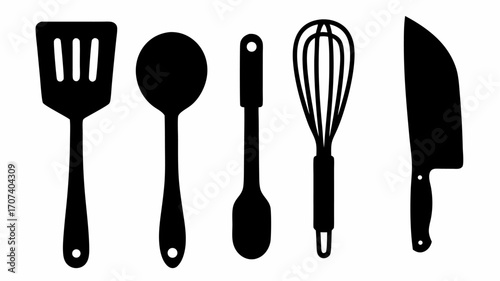 Illustration of a spatula spoon basting spoon whisk and knife kitchen utensils in black silhouette