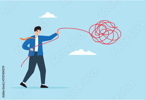 Flat illustration of businessman unravel tangle rope symbolizing solving complex and chaotic business problem
