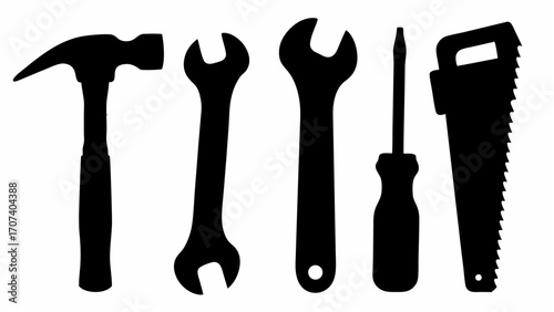 Silhouette of various hand tools including a hammer, wrenches, screwdriver, and saw arranged in a row
