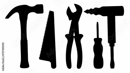 Silhouette depiction of various hand tools including a hammer saw pliers screwdriver and drill tool