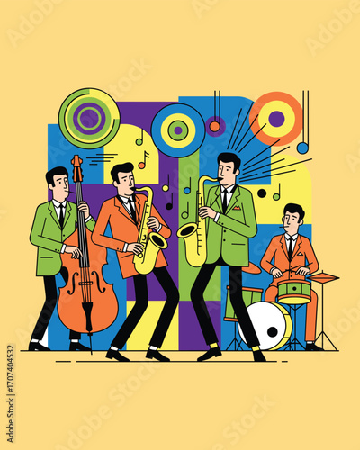 Harmony in Jazz: A stylized illustration captures a vibrant jazz band in full swing.
