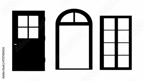 Three architectural elements showcasing a paneled door an arched door and a multi pane window design