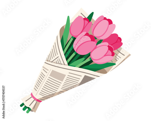 Pink Tulip Bouquet: A vibrant bouquet of pink tulips wrapped in a newspaper, a fresh and cheerful gift for any occasion. This botanical imagery exudes a warm and positive vibe