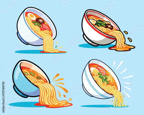 Overflowing Bowls of Ramen Noodles: An appetizing illustration featuring vibrant bowls of ramen, overflowing with delectable noodles and savory broth, creating a visual feast.