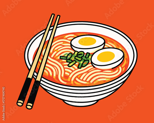 Ramen Delight: An illustration of a bowl of ramen noodles with chopsticks resting alongside it, featuring eggs, scallions. Vibrant colors against a striking background.