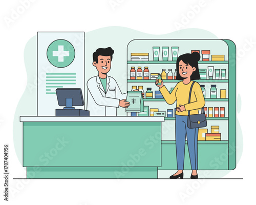 Pharmacist Assistance: A pharmacist in a clean, modern pharmacy setting provides personalized care to a customer, symbolizing trust and professionalism. 