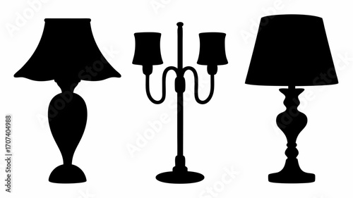 Silhouette illustration of three lamps with different designs and shapes on a white background view