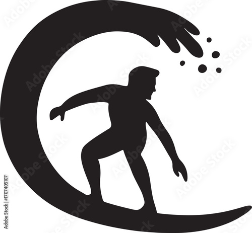 Silhouette of a windsurfer riding waves, dynamic water sport design, perfect for summer themes.