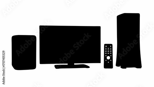 Illustration of a television set with two speakers and a remote control all rendered in solid black color