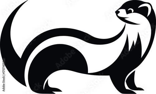 Stylized silhouette of a black ferret with a curved tail and white markings