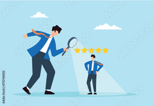 Flat illustration businessman manager use magnifier to analyze employee for 5 star performance evaluation