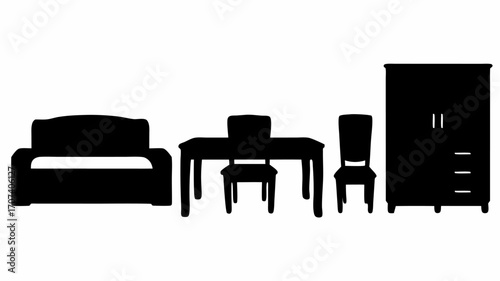 Silhouette illustration showing a sofa, table with chairs, and a wardrobe in a simple and minimalist style
