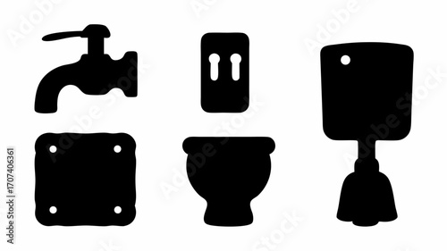 A silhouette illustration showing a faucet, a wall plate, a toilet paper holder, a bidet, and a cleaver