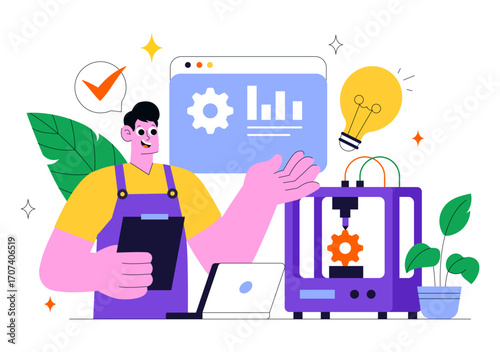 3D Printing Workshop Vector Illustration Featuring an Innovative Fabrication Process with Desktop Modeling Equipment and Computer for Printing