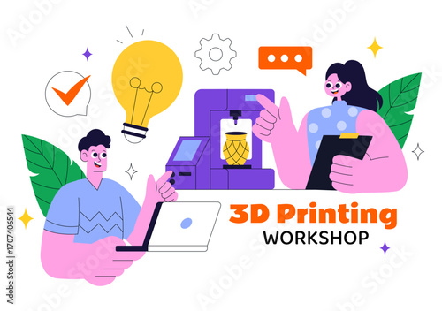 3D Printing Workshop Vector Illustration Featuring an Innovative Fabrication Process with Desktop Modeling Equipment and Computer for Printing