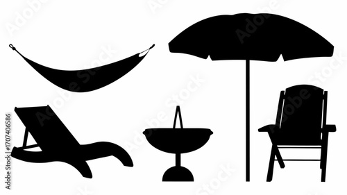 Silhouette of a hammock beach chair side table umbrella and another chair against a white background