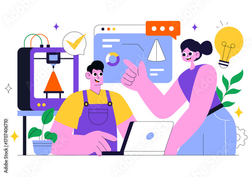 3D Printing Workshop Vector Illustration Featuring an Innovative Fabrication Process with Desktop Modeling Equipment and Computer for Printing
