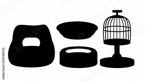 Five black objects including a chair a bowl a dish and a birdcage on a white isolated background