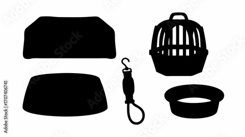 Silhouette depiction of pet carrier, two bowls, and a hanging scale with loop on a white background