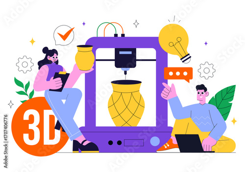 3D Printing Workshop Vector Illustration Featuring an Innovative Fabrication Process with Desktop Modeling Equipment and Computer for Printing