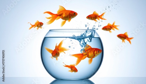 Golden Fish Splashing Out of Fishbowl in Clear Blue Water with Light Background Stock Photo