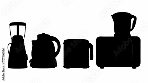 Silhouette of kitchen appliances including a blender kettle and food processor in a row on white background