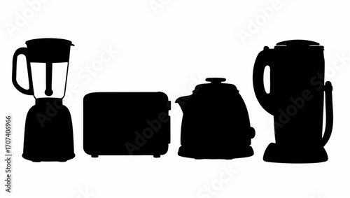 Silhouette illustration of kitchen appliances including blenders toaster and kettle arranged together neatly