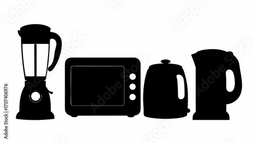 Silhouette of kitchen appliances including a blender microwave oven and two electric kettles on white